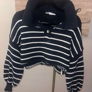 Zara Black and White Striped Cowl Neck Sweater